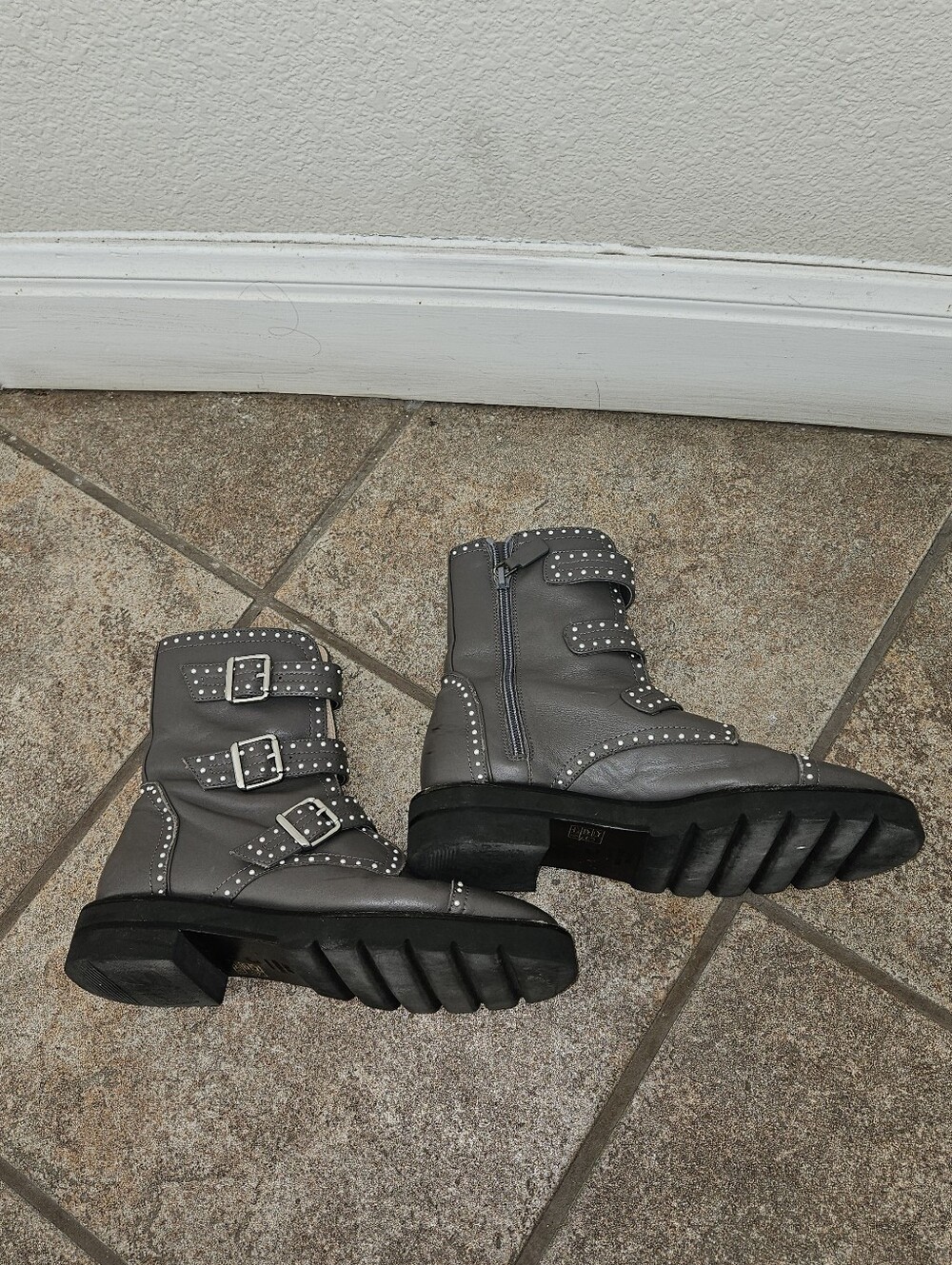 Womens Stuart Weitzman Gray Studded Buckle Combat Boots